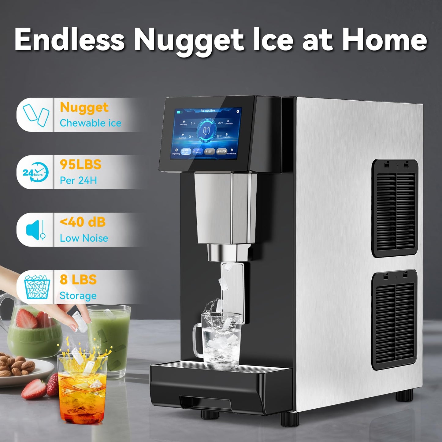 Nugget Ice Maker Machine Countertop, Ice/Water/Ice & Water Optional, 95LBS/24H Soft Pellet Crushed Chewable Ice Machine with Self-Cleaning for Home Office Kitchen Party RV