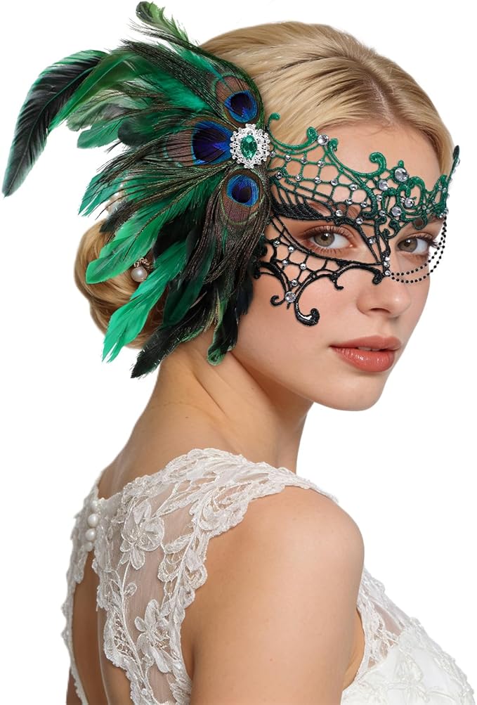 BEARAE Masquerade Mask for Women, Feather Lace Mardi Gras Mask, Peacock Venetian Costume Masks for Womens Masquerade Party