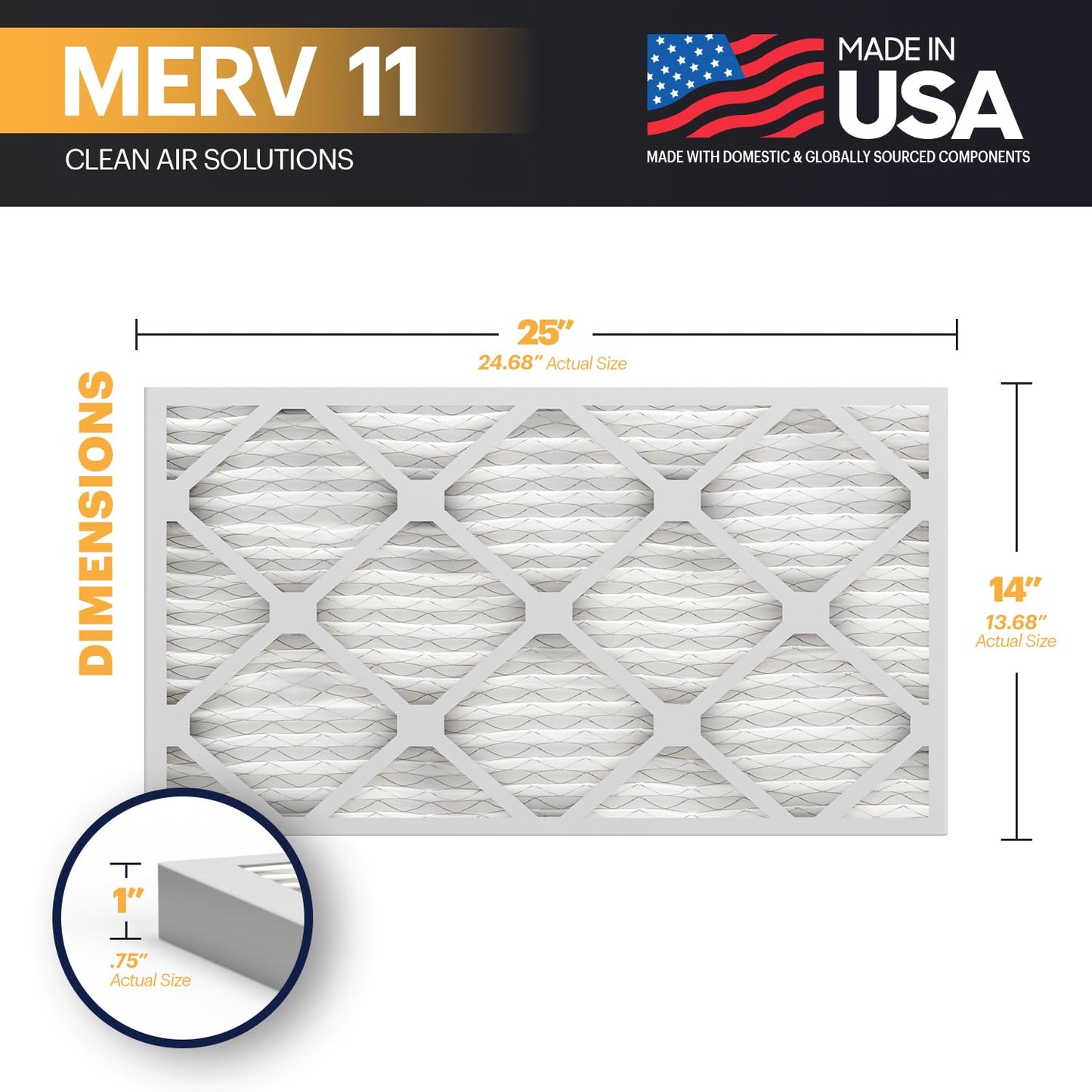 Bnx Trufilter 14X25X1 Air Filter Merv 11 (6-Pack) - Made In Usa - Allergen Defense Electrostatic Pleated Air Conditioner Hvac Ac