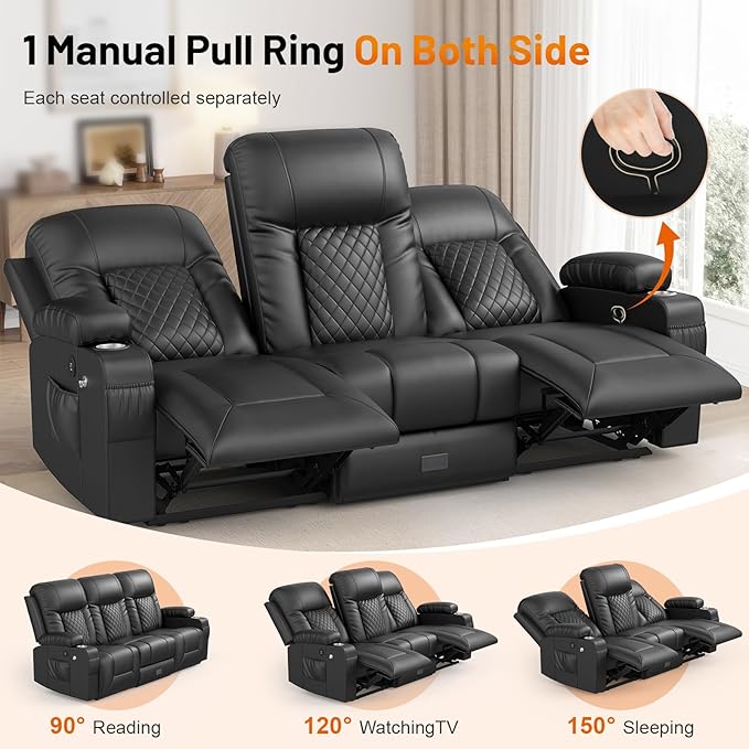 FURNIMAT Loveseat Recliner Sofa, 3 Seater Dual Reclining Sofa with Flip Back Console, Modern PU Leather Loveseat Couch for Living Room/RV, with Storage, USB Ports, Cup Holder, Cell Phone Holder, Black