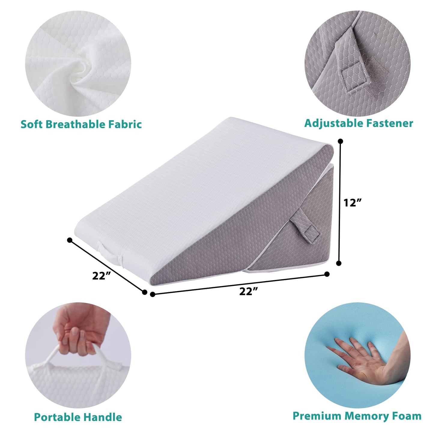 Bedluxe Wedge Pillow for Sleeping, Adjustable 9&12 Inch Foldable Bed Wedge Pillow Set, Orthopedic Memory Foam Triangle Pillows Wedge, 7-in-1 Elevated Pillows for Leg and Back Support, White/Grey