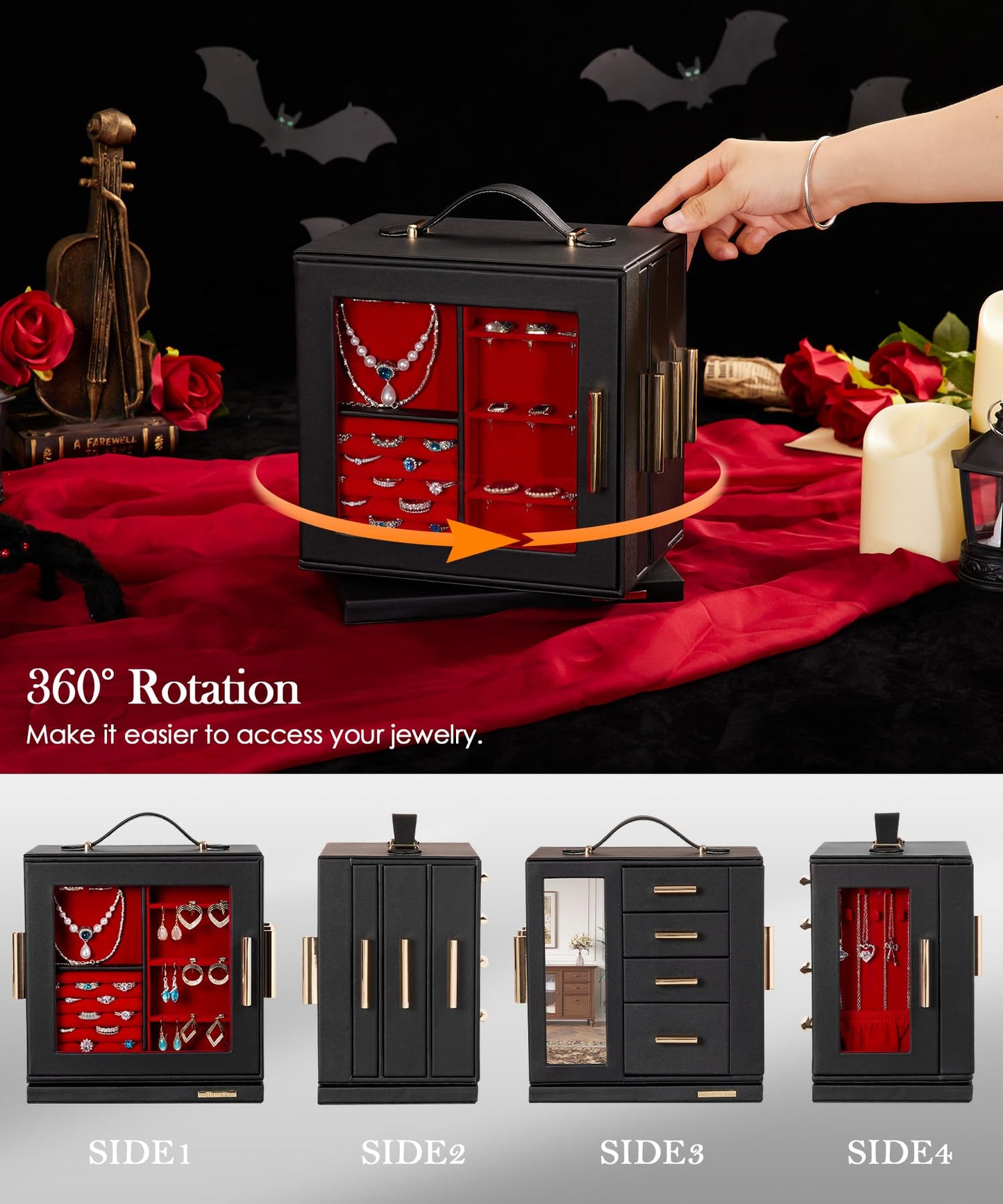 Homde Jewelry Box 360° Rotating, Necklace Earring Organizer with Transparent Window, Mirror, 7 Drawers, Large Ring Display Storage Case for Girls Women (Black + Red)