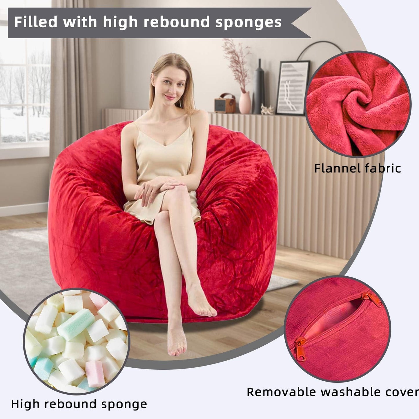 4FT Bean Bag Chairs for Adults，Bean Bag with Filler Included，Memory Foam Chair，with Flannel Cover, Detachable and Washable, Suitable for Lounge Chairs in bedrooms Dormitories (Red, 4FT)