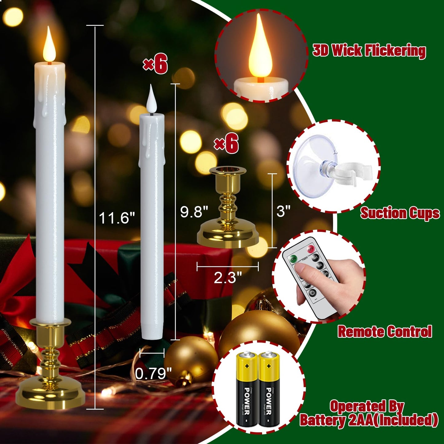 DRomance Christmas Flameless Window Taper Candles Battery Operated with Remote and Timer, 6 Pack White Plastic Dripping LED Flickering Candles with Suction Cups Holiday Indoor Decor(Gold Holders)