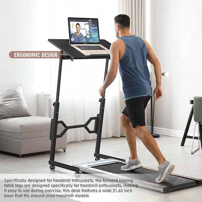 Enayplon Small Standing Desk with Wheels, Portable Treadmill Desk, Rolling Desk Adjustable Height for Laptop, Mobile Standing Table for Walking Pad, Bedside Table