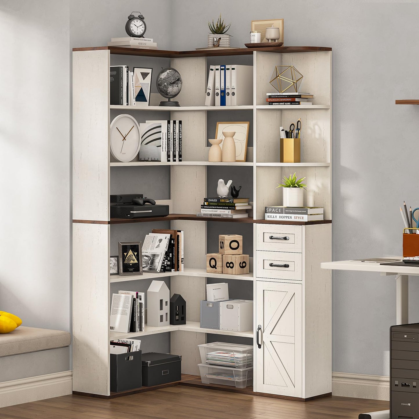 UPOSOJA 7-Shelf Farmhouse Corner Bookshelf with Lockers & Drawers, 71" L-Shaped Large Storage Shelf Display Rack for Bedroom, Living Room, Home Office (White Brown)