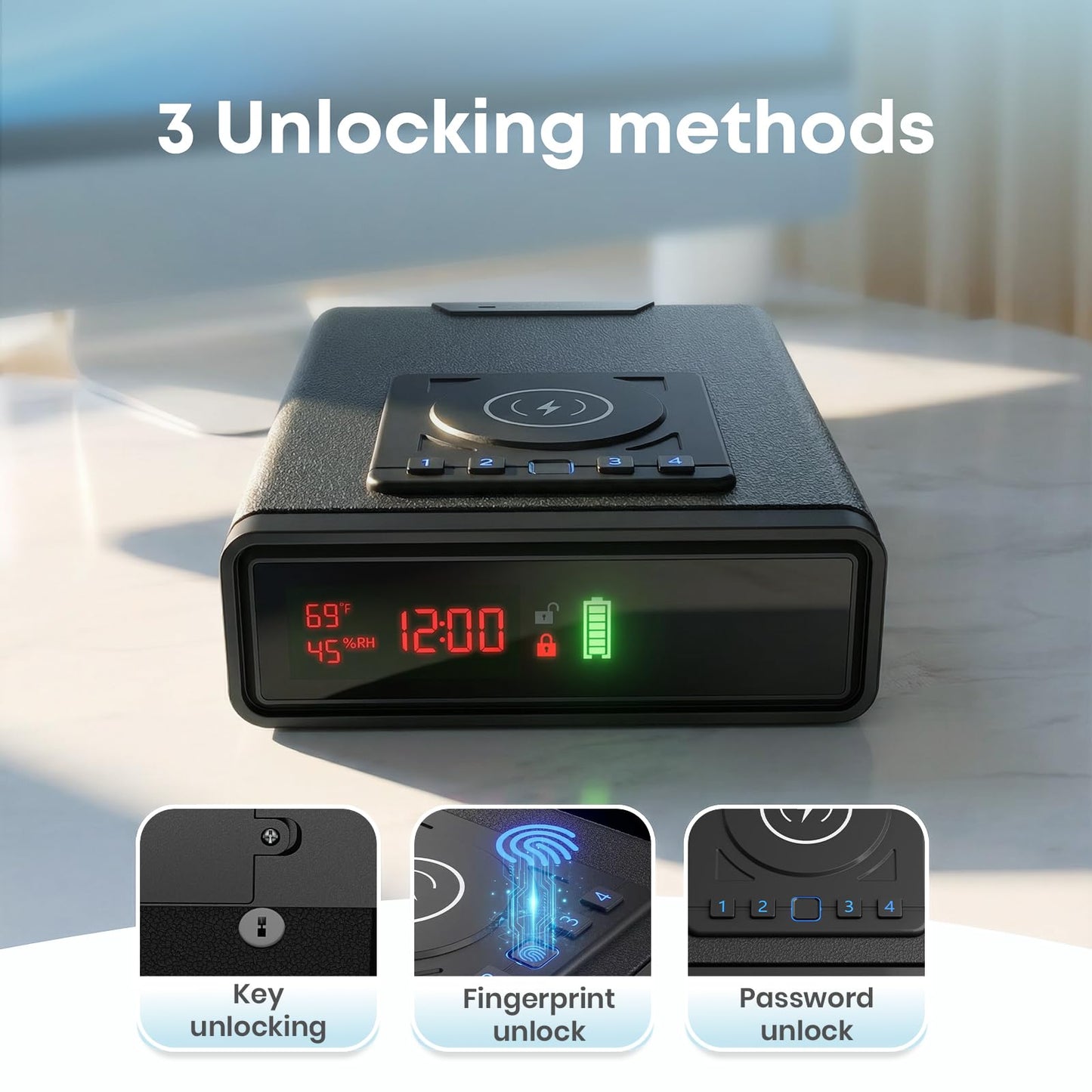 Biometric Fingerprint Gun Safe with Phone & Watch Wireless Charging, 3 Quick Access, Clock Handgun Safe with Adjustable Brightness, Backlit Keypad, Pistol safe for home, office, family