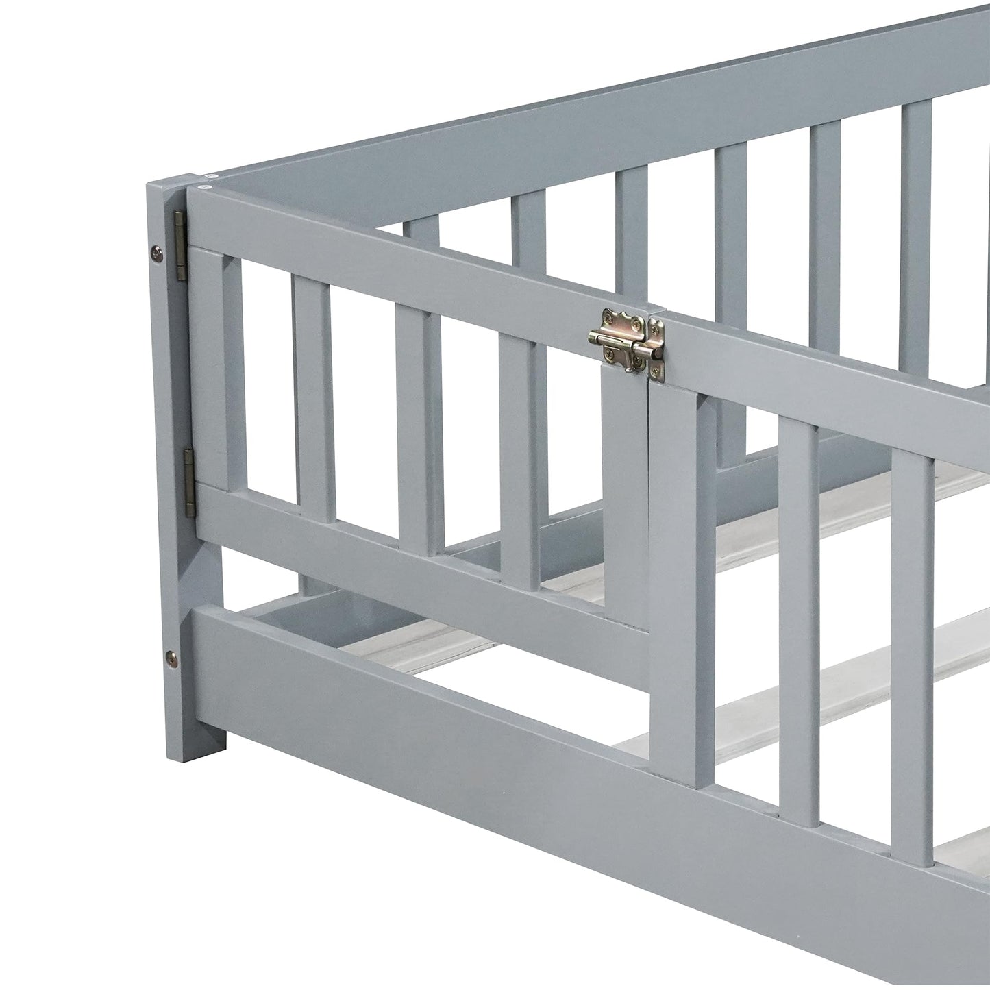 Aurnienofus Full Size Floor Bed Frame with Door and Fence,Montessori Floor Bed with Slats and Safety Guardrails for Girls Boys, Sturdy Wood Montessori Bed Frame, Grey