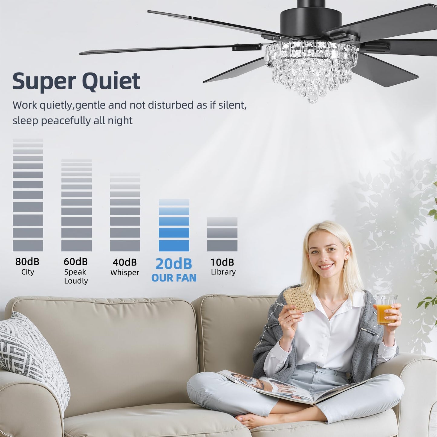52 Inch Crystal Chandelier Ceiling Fan with Light, 6-Speed Remote Control Black Fandelier with Timer, 6 Reversible Blades Fan Chandelier for Living Room Bedroom, Dimmable LED Light, Quiet DC Motor