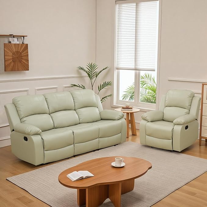 JBXBER Manual Recliner Sofa Set for Living Room, Leather Reclining Sofa Sets, Faux Leather Couch Set with Cup Holders, Drop-Down Table and Storage Console(Sofa and Chair,Beige)