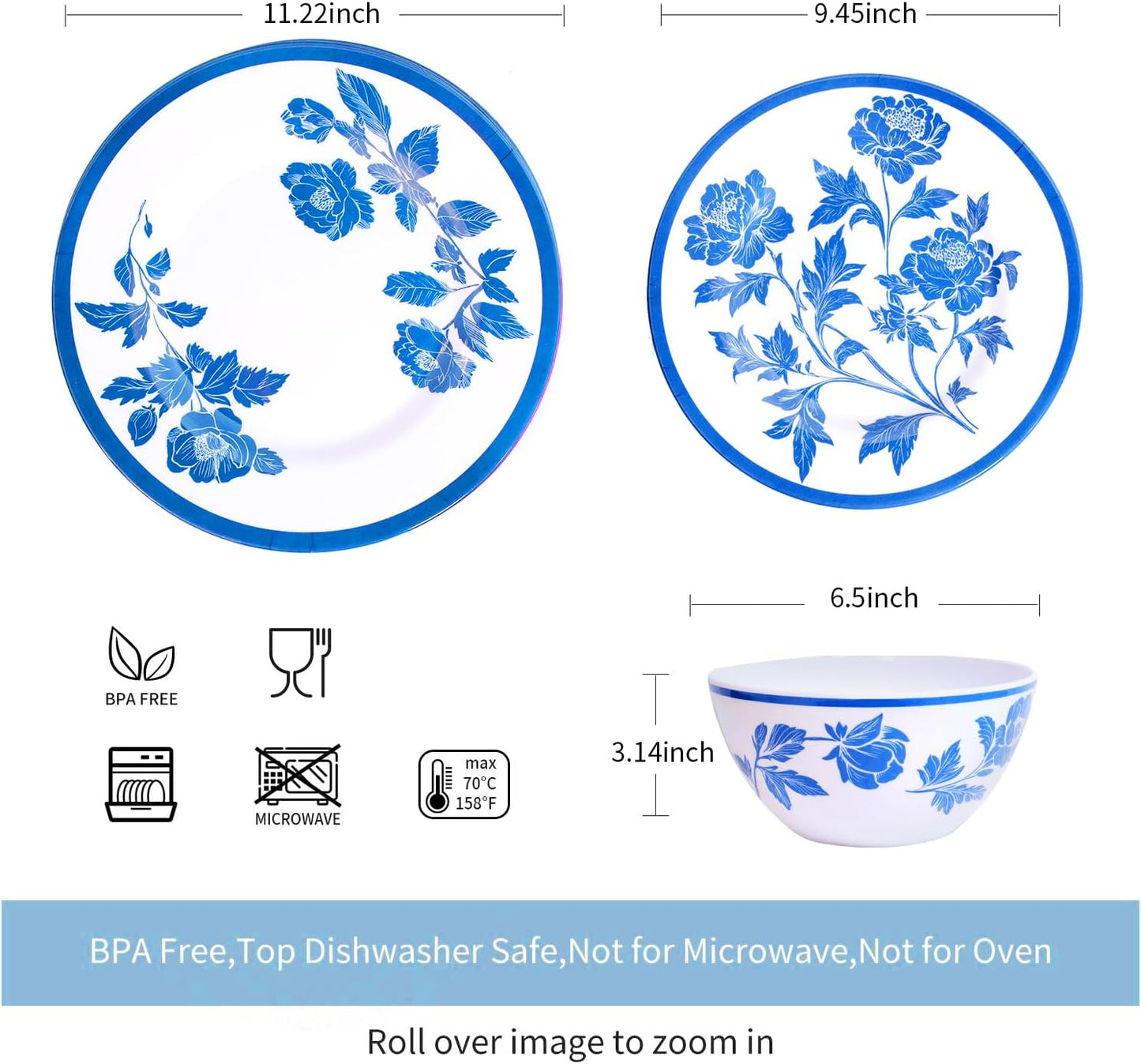 Melamine Dinnerware Set 12-Piece for 4 Dish Set Plates Bowls Unbreakable Dishware for Indoor Outdoor Use Lightweight Durable for Camping Picnics Parties light blue