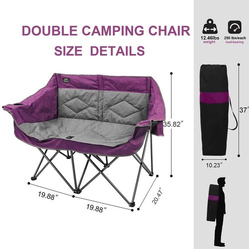 LANMOUNTAIN Folding Loveseat Camping Chair,Portable Double Chair w/Cup Holder,Wine Glass Holder,Carry Bag Heavy Duty Lawn Chair for 2 Adults,Perfect for Camp,Hiking,Picnics and Beach Trips,Purple