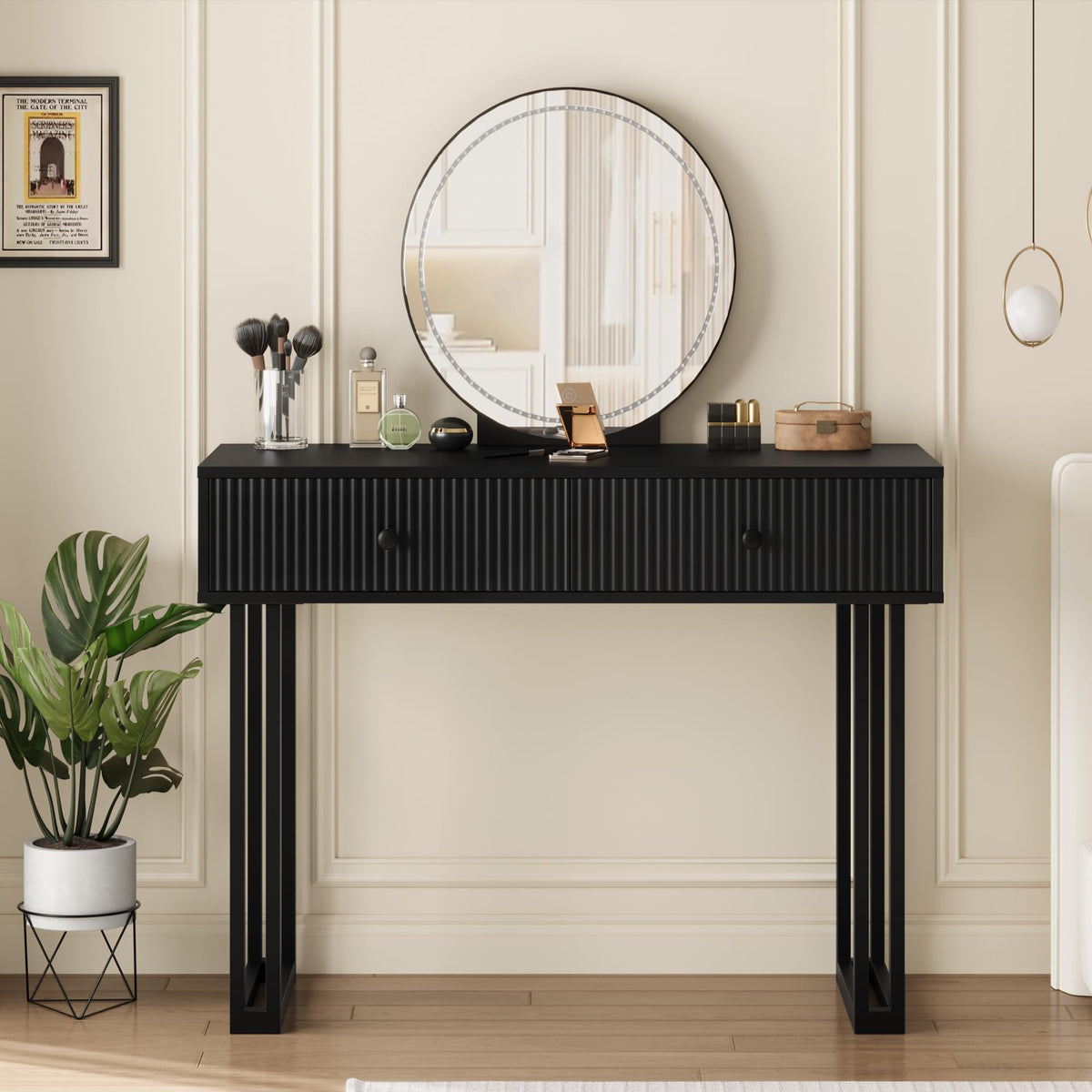 Black Vanity Desk with Mirror and Lights, Small Makeup Vanity with 2 Drawers, Modern Vanity Organizer with 3 Color Lights＆Adjustable Brightness, Dressing Table for Bedroom