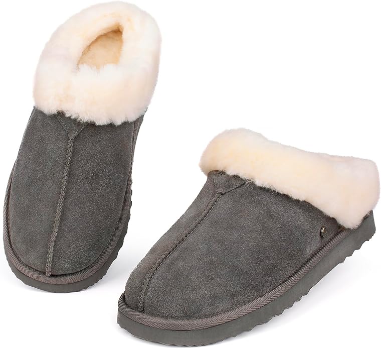 Parfeying Women‘s Real Wool Slippers in Genuine Leather with Anti-Slip Rubber Sole, Warm Indoor Outdoor Shoes with Memory ...