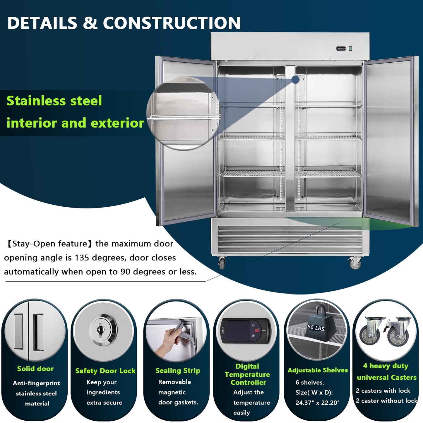Commercial Refrigerator 54"W 2 Section 2 Solid Door Stainless Steel Interior and Exterior Construction Upright Fan Cooling
