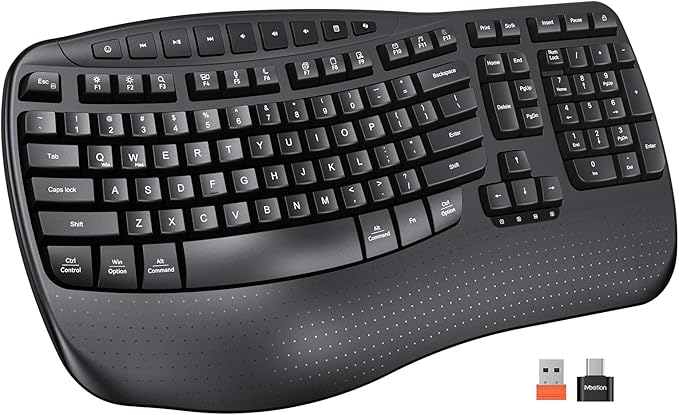 MEETION Wireless Ergonomic Keyboard, Wave Keys Firm Wrist Rest for Natural Typing, 2.4G USB-A Cordless Receiver and USB-C ...