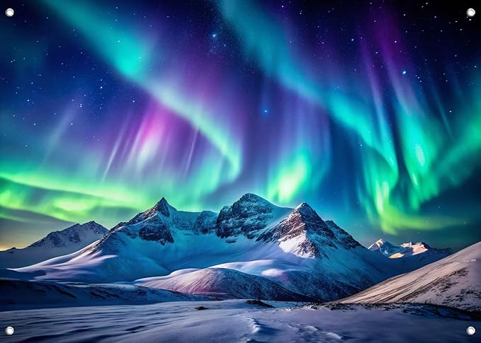 LYCGS 70.8''x47.2'' Colorful Northern Lights Backdrop Snowy Mountains Aurora Borealis Starry Night Sky Background X-411