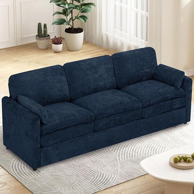 ACMEASE 89” Chenille Sofa w/Arm Pillows, Upholstered 3-Seater Sofa w/Comfortable Back Cushions, Modern 3 Seats Couch w/High-Density Foam for Living Room, Apartment, Office, Blue