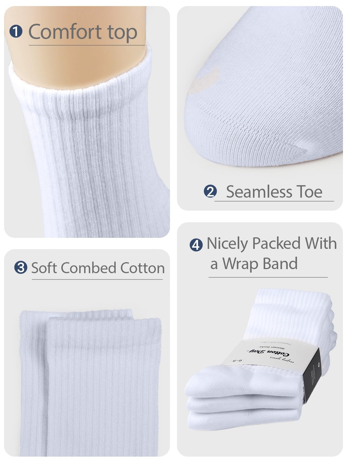 COTTON DAY Womens Soft Combed Cotton Crew Socks All White Half Ribbed Shoe Size 6-9