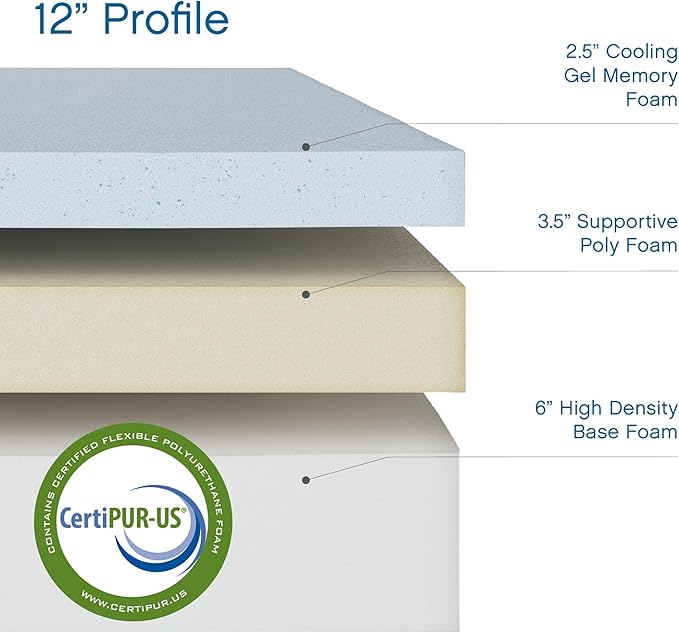 COOL GEL 12 Inch Queen Memory Foam Mattress Medium Firm, Queen Size Memory Foam Mattress Cooling, Made in The USA, 12" Depth with Pressure Relief, CertiPUR-US Certified No Fiberglass, CoolGel Bed