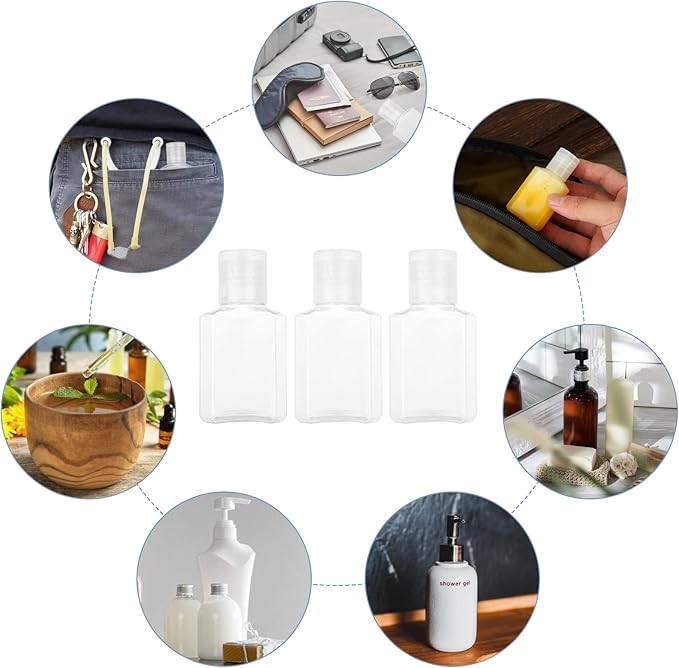 APACALI 100PCS Plastic Travel Bottles 1oz Mini Shampoo Bottles Small Empty Bottles Refillable Cosmetic Containers with Flip Cap Clear Portable Small Bottles for Liquid, Lotions, Toner, Body Soap