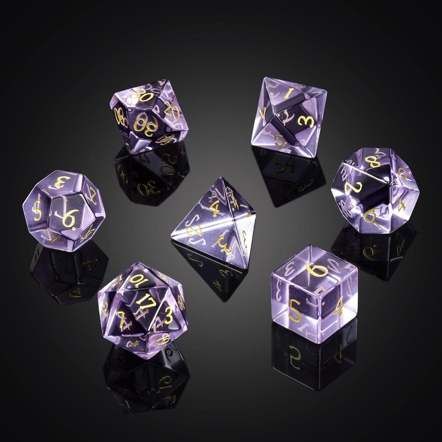 D&D Dice DNDND 7 Piece Zircon Glass Dice Set with Great Gift Box for Dungeons and Dragon DND Tabletop Game (Purple Glass with Gold Num)