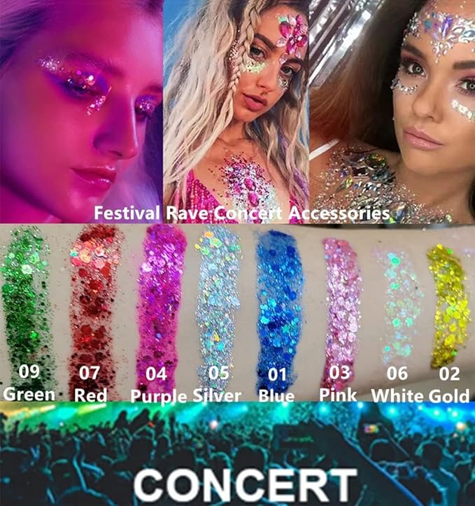 Go Ho White Silver and Gold Face Body Glitter Gel,Holographic Long Lasting Chunky Sequins Glitter Makeup for Singer Concerts,Parties,Performances,Stages,Festival Rave Accessories