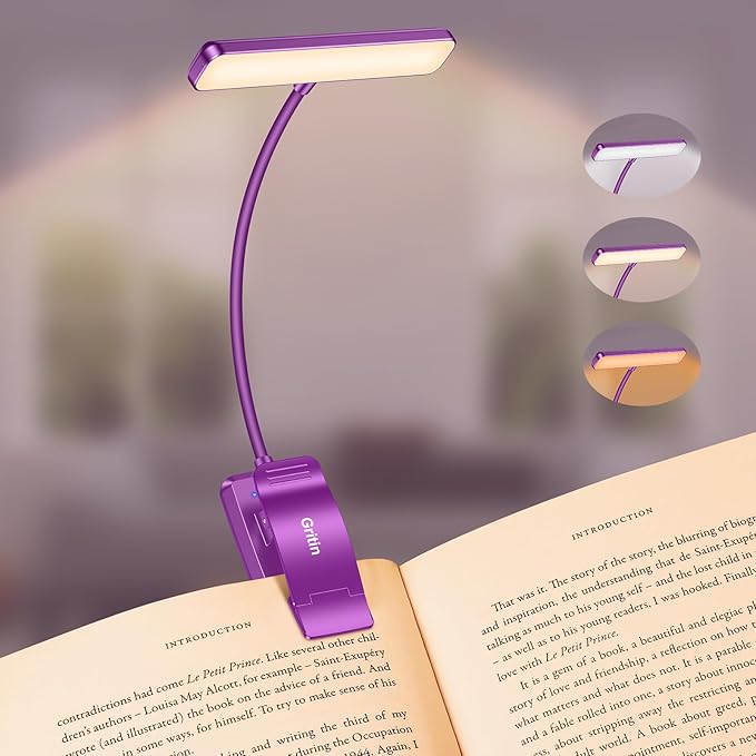 Gritin 19 LED Rechargeable Book Light for Reading in Bed with Memory Function- Eye Caring 3 Color Temperatures,Stepless Dimming Brightness,80 Hrs Runtime Clip on Light for Book Lovers-Dark Purple