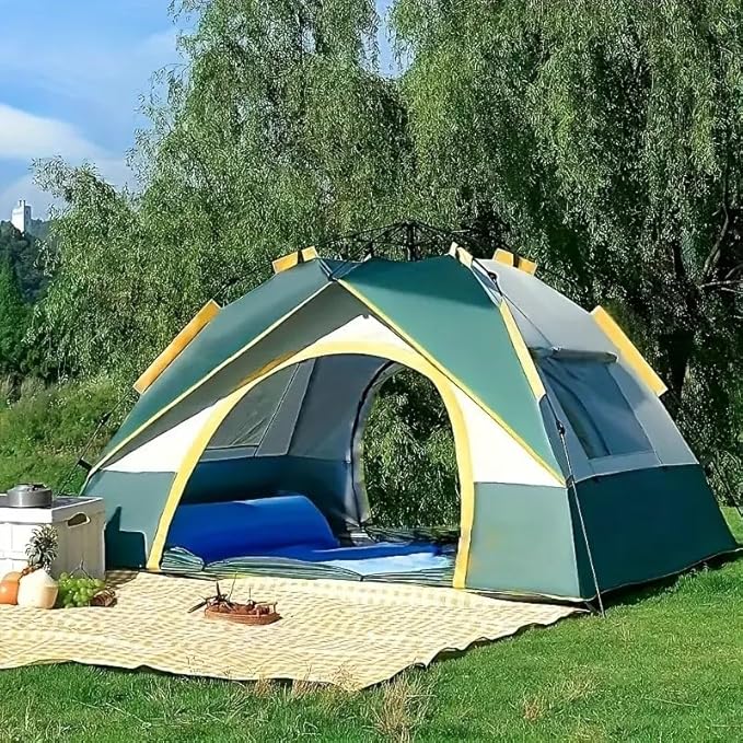 Automatic Instant Setup Camping Tent, 3-6 Person All-Season Tent with Dual Doors & Mesh Windows