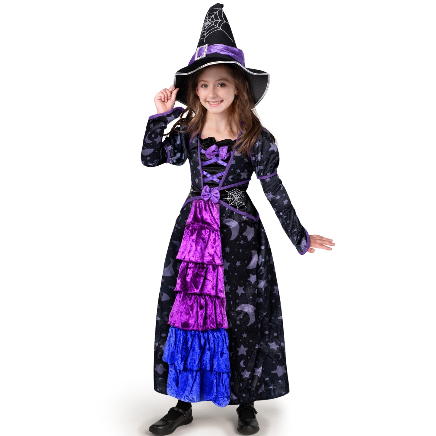 Spooktacular Creations Halloween Child Girl Purple Witch Costume, Toddler Stars and Moon Witch Dress for Kids Halloween Pretend Play Parties (Small (5-7 yr))