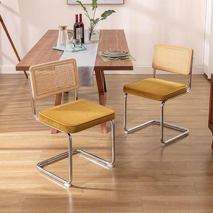Zesthouse Mid Century Modern Dining Chairs Set of 2, Velvet Accent Chairs with Natural Cane Back & Stainless Chrome Base, Famous Breuer Designed Chairs, Upholstered Rattan Kitchen Chairs