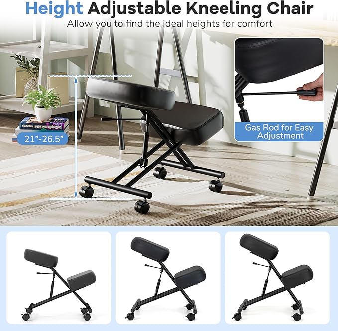 Goplus Kneeling Chair, Upholstered Mobile Desk Chair w/Adjustable Height, Thickened Sponge Cushion, 4 Lockable Universal Wheels, Office Home Padded Stool with Angled Seat, Black (1)