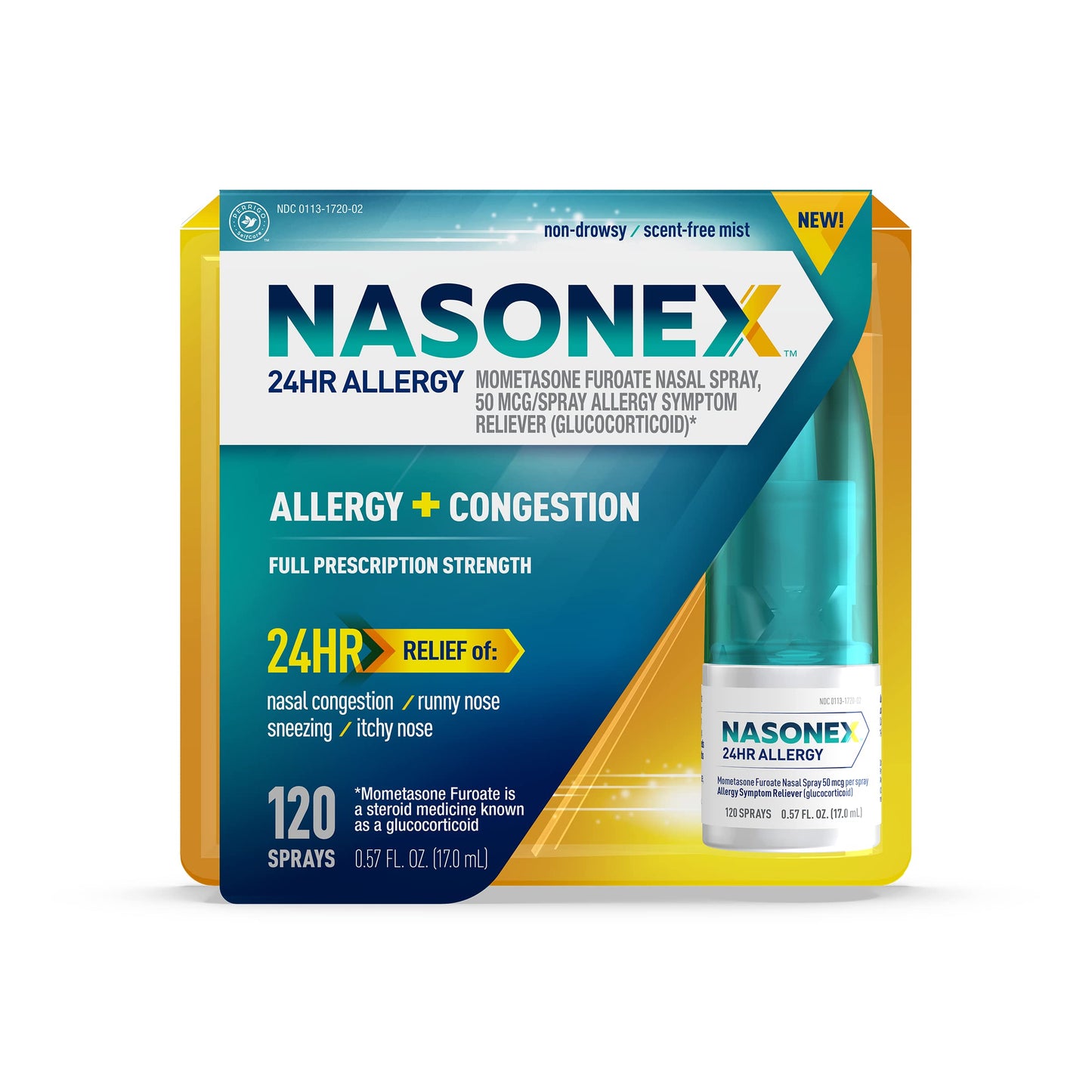 Nasonex 24HR Allergy Nasal Spray, Non-Drowsy, Scent-Free Mist, Allergy Symptoms + Nasal Congestion, Full Prescription Strength, 120 Sprays
