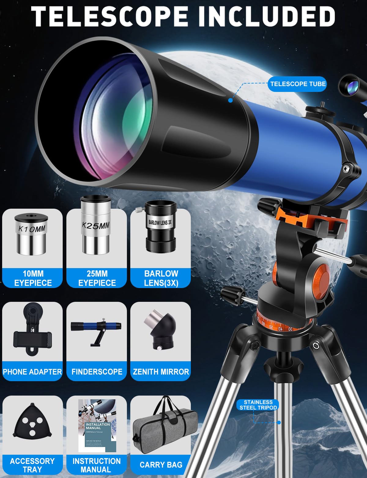 Uonol Telescope for Adults High Powered 90mm Aperture 800mm,Refractor Telescopes for Astronomy Beginners with AZ Mount Tripod,Phone Adapter,Carry Bag (80090blue)
