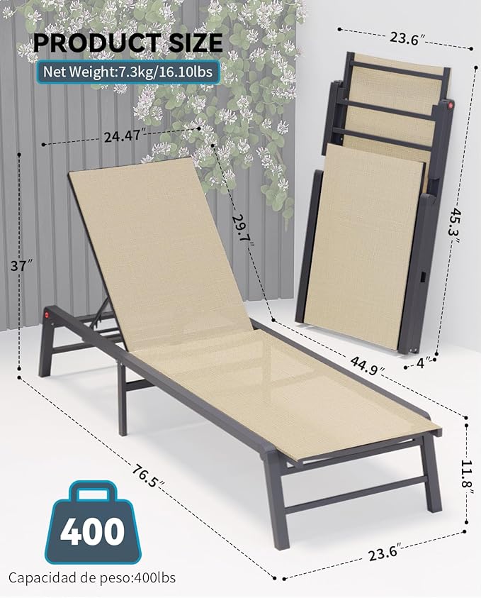FHVIT Chaise Lounge Chair Outdoor Aluminum Patio Lounge Chair with 5 Adjustable Positions Folding Pool Lounge Chairs Assemble-Free Beach Lounge Chair for Patio, Pool, Indoor and Outdoor Flaxen