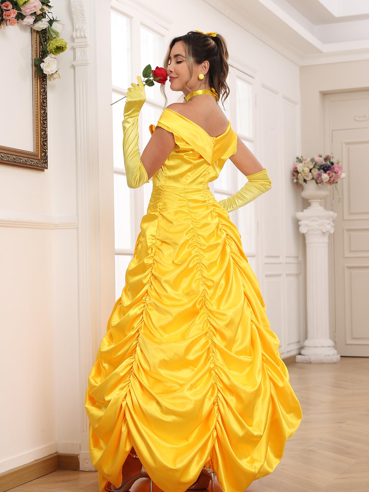 Poboola Belle Costume Women Adult Princess Costumes Halloween Cosplay Party Yellow Dress Long Dress Gown Beauty Outfit L