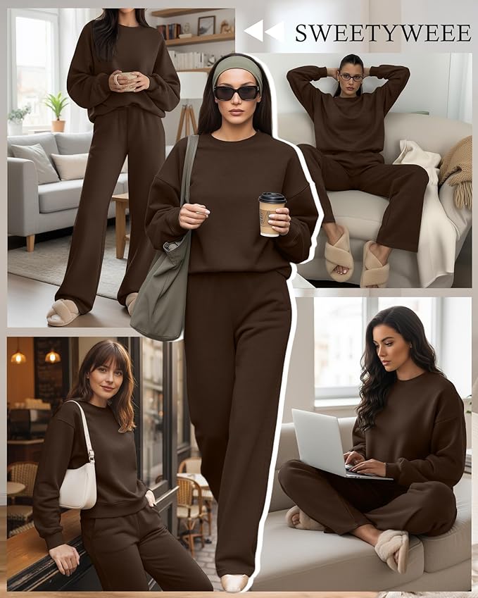 Sweetyweee Women's 2 Piece Outfits Set Fleece Lined Lounge Sweatsuit Crewneck Pullover Top Wide Leg Pants Casual Tracksuit