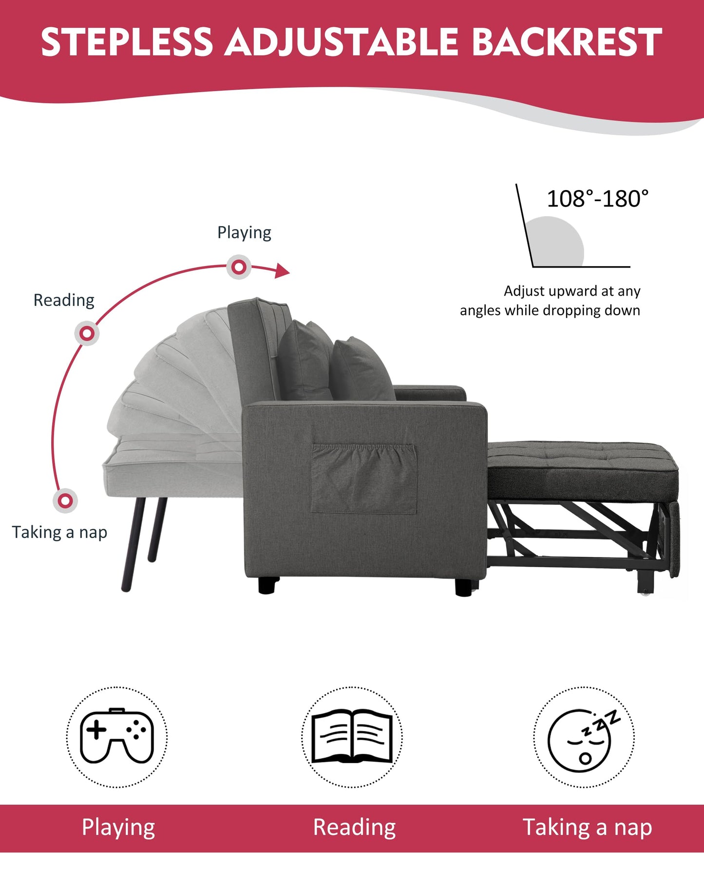 Litbird [Updated] Convertible Chair Sleeper Bed, Stepless Adjustable Backrest, Futon Chair Turns Into Bed, Sleeper Sofa for Living Room, 3 in 1, Linenette, Deep Gray