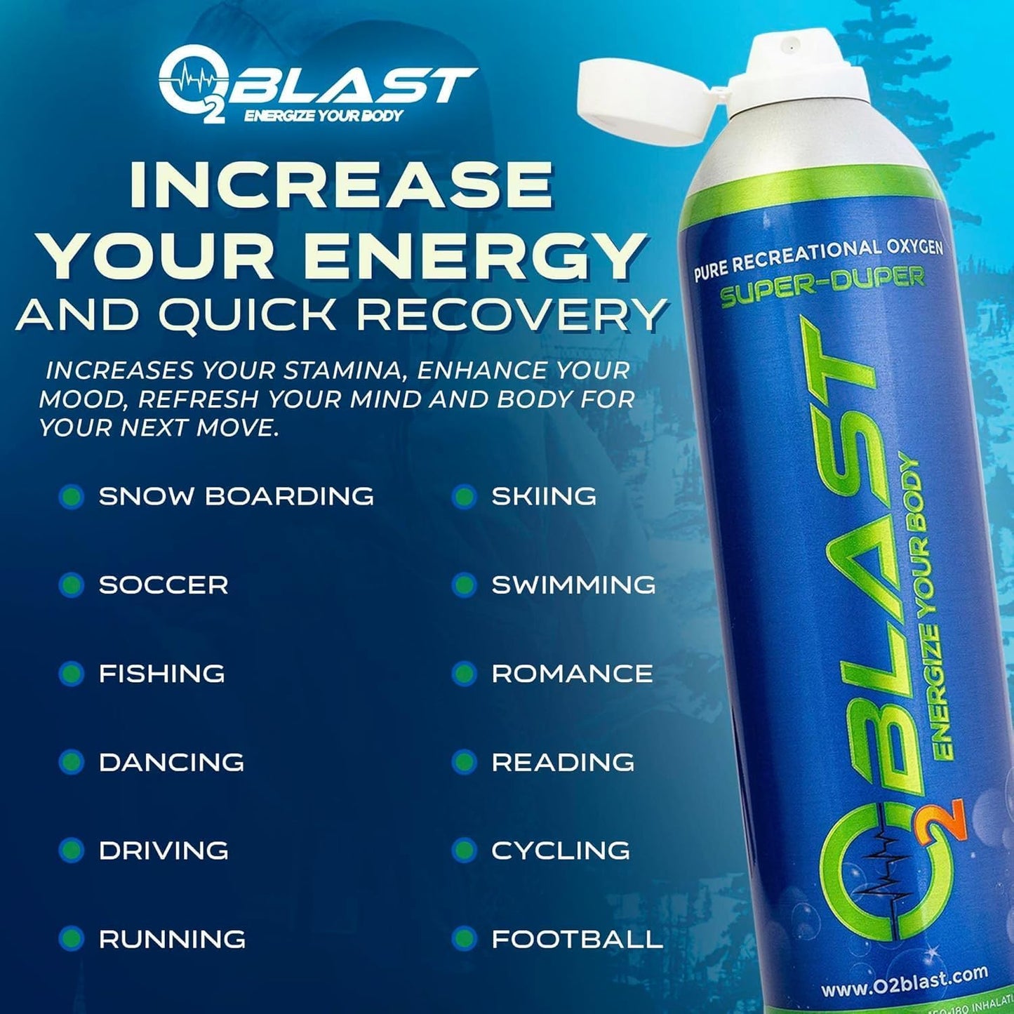 O2 Blast - Portable Oxygen Can, Filled with 99.99% Pure Oxygen in a Can with Breathing Mask for Sports, Travel, and High Altitude Use | On-The-Go Air Support for Hiking and Outdoors – 10L, 6-Pack