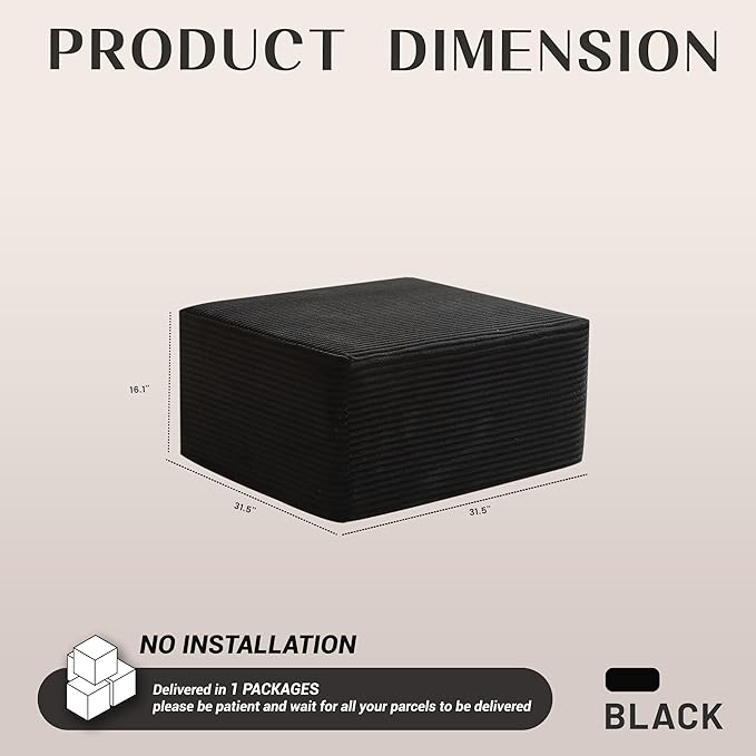 Afuson Cozy Square Ottoman, Comfortable Seating, No Assembly Required, Black