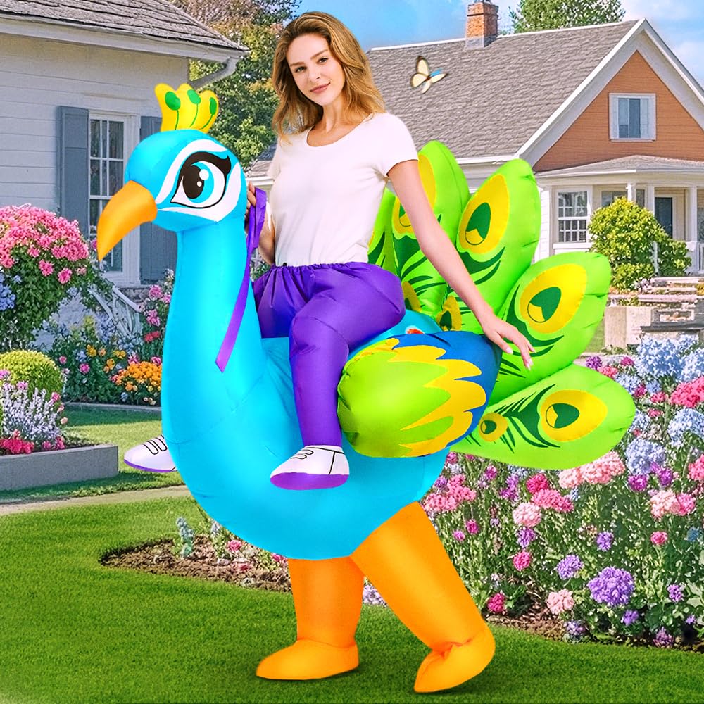 KOOY Inflatable Costume for Adult,Peacock Halloween Costumes Air Blow up Costumes for Women Girls, Funny Ride on Peacock Costume, Inflatable Suit for Men Halloween Party