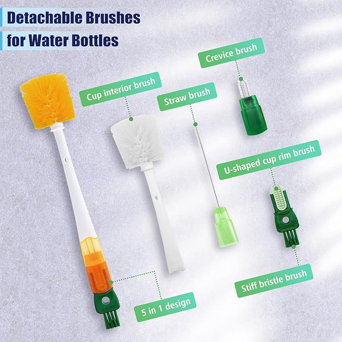 Five-in-one Bottle Brush Set (1Pc Green), Long Handle Bottle Cleaning Brush Straw Brush Nipple Brush Hard-Corner Brush for Sports Water Bottles Caps Mugs Glasswares Tumblers Wine Decanters