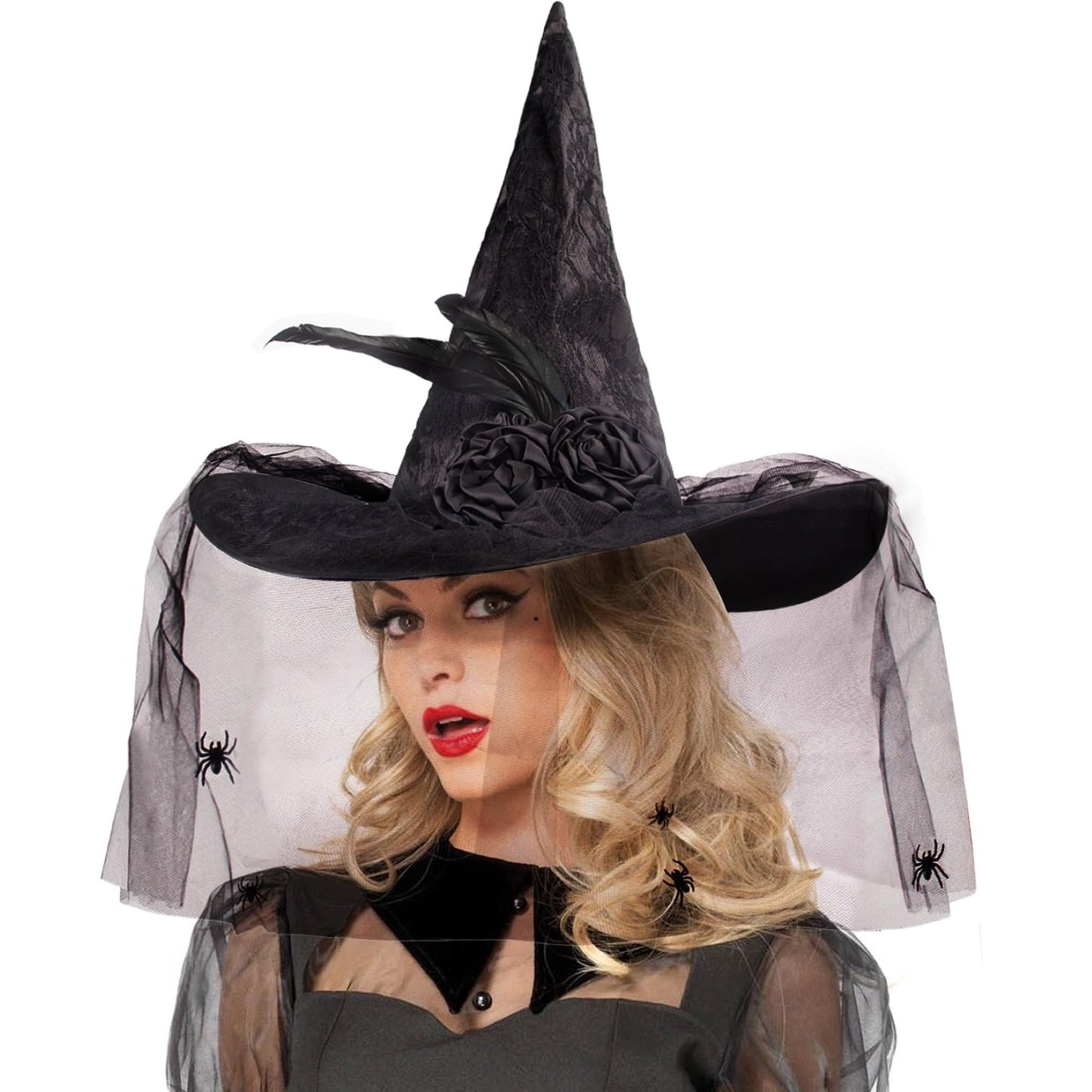 Edussy Lace Halloween Witch Hat with Veil Halloween Costume Witches Hats for Women Accessories