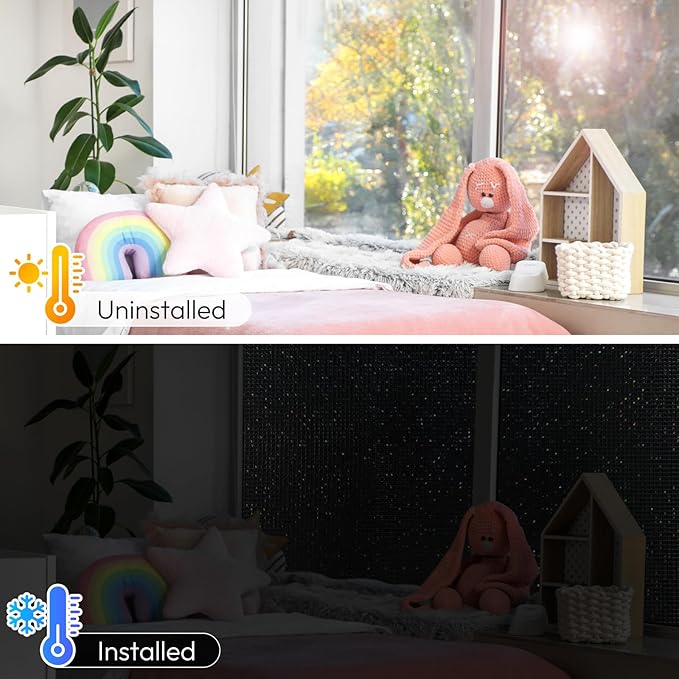 rabbitgoo Window Privacy Film Blackout Mosaic Static Cling Decorative, Removable Rainbow Window Film, Non-Adhesive Heat Control UV Blocking for Bathroom, 35.4 x 157.4 inches Black