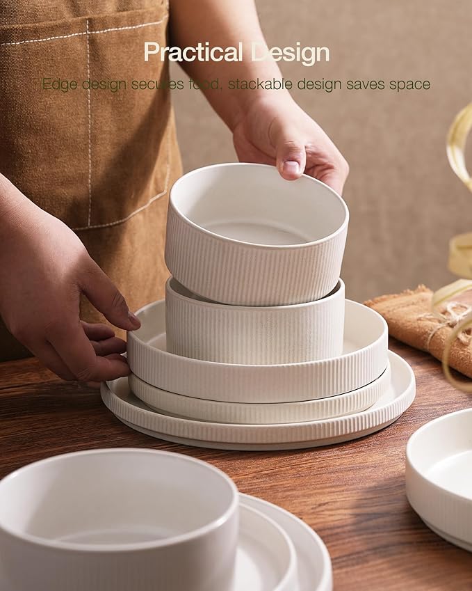 Famiware Star Dinnerware Set with Mugs, Service for 4 (16pcs), Ribbed Stoneware Plates and Bowls Dishes Sets - Chip & Scratch Resistant, Microwave & Dishwasher Safe, Matte White