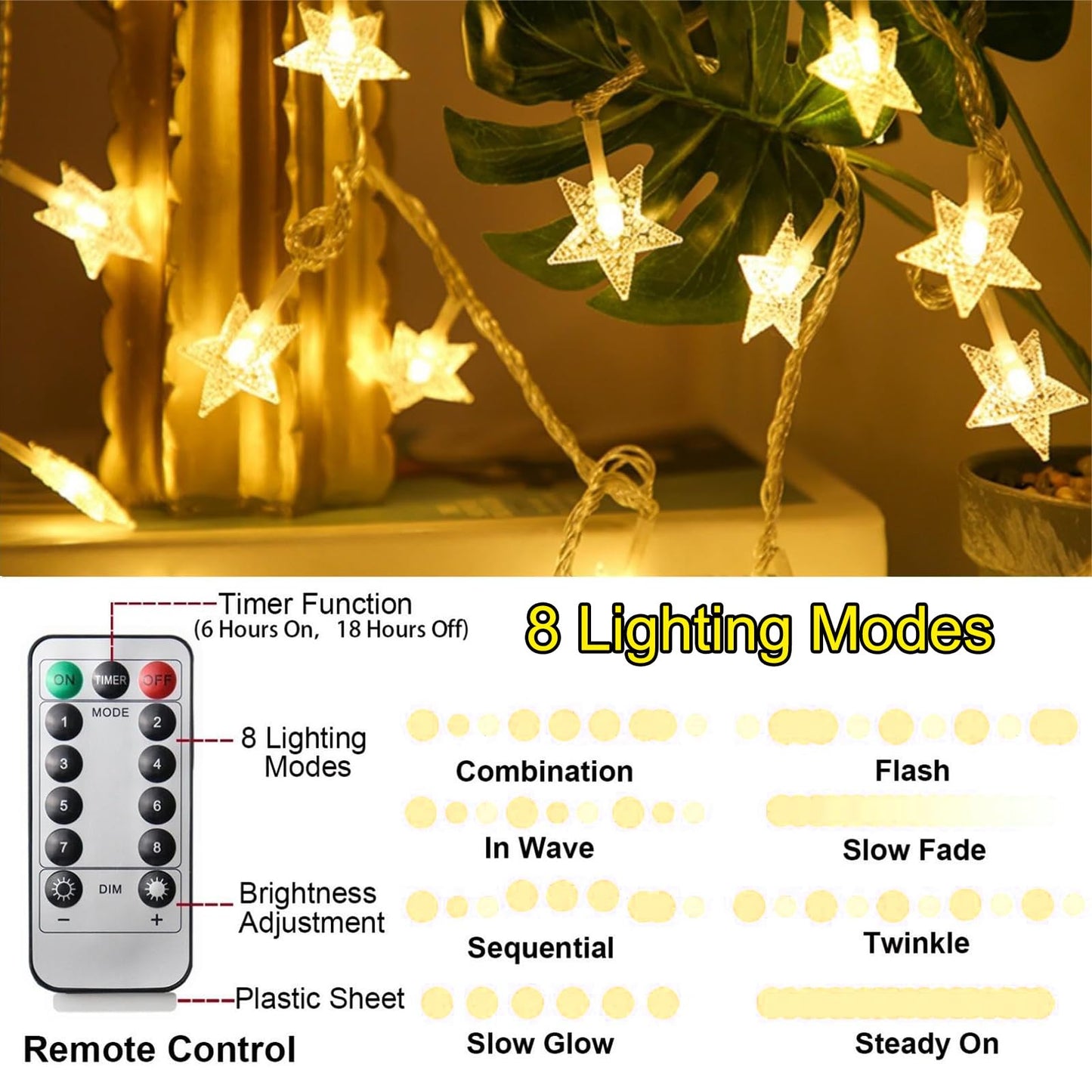 Star String Lights Battery Operated, 20 FT 40 LED 8 Modes Timer Warm White Twinkle Lights Hanging Fairy Light for Bedroom Room Office Party Home Indoor Outdoor Xmas Decor Tree Decorations