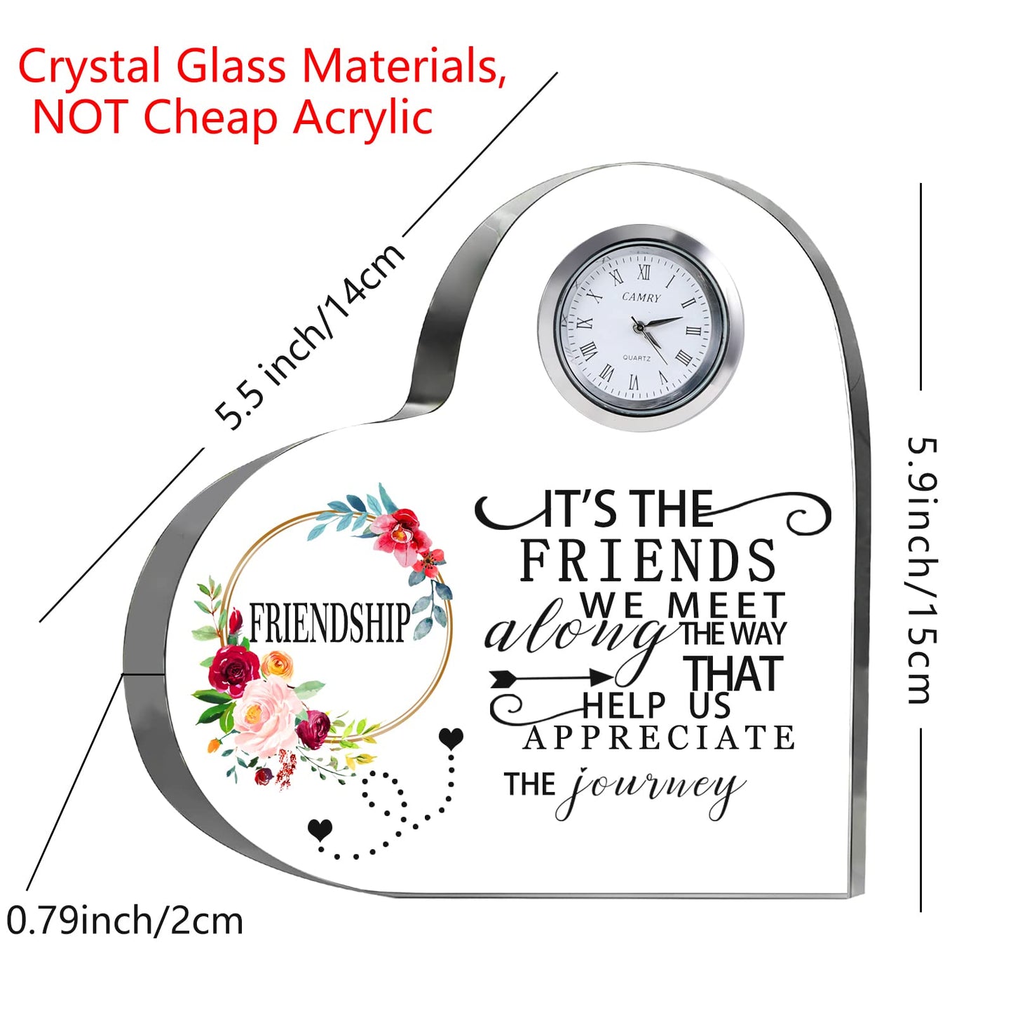 Movdyka Friendship Gifts for Women Friends Crystal Heart 5.9Inch Large Flower Glass with Clock Unique Best Gifts for Women Her Friend Plaque Birthday Gift Idea for Friend Female Presents