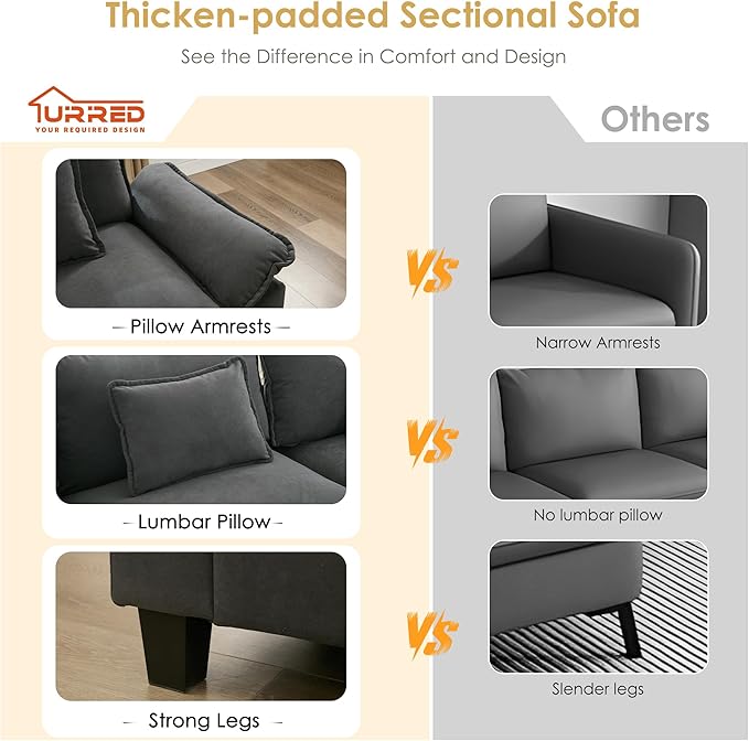 URRED Cloud Couch Modular Sectional Sofa, 87" Modern L Shaped Deep Seat Sofa with Ottoman & Pillows, Ultra Comfy Velvet Couches for Living Room, Bedroom or Apartment, Dark Gray
