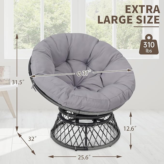 40" Ergonomic Wicker Papasan Chair, 360° Swivel Indoor Outdoor Rattan Chair with Soft Thick Cushion, Ideal for Living Room, Bedroom, Reading Room, Grey Frame with Light Grey Cushion