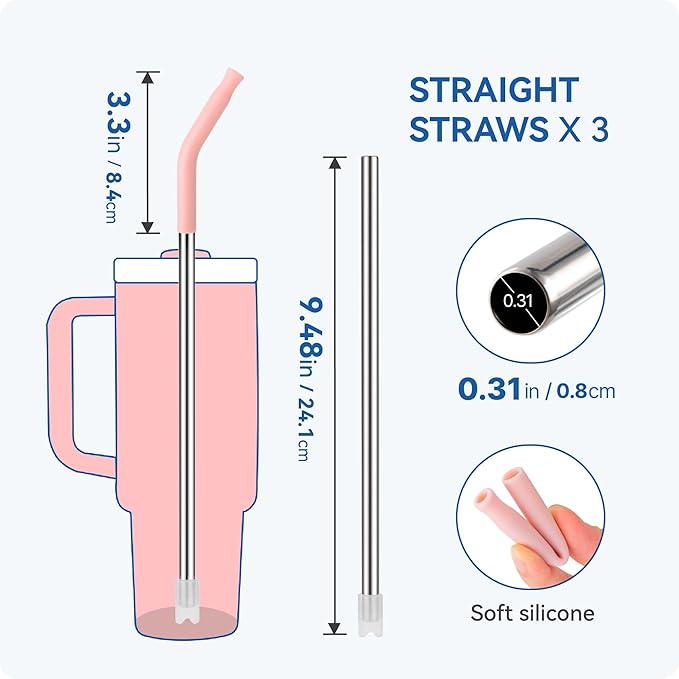 Reusable Metal Straws with Silicone Tip for Stanley 30oz,Stainless Steel Drinking Straws for 30oz Tumbler,3 Straight Tubes & 6 Tips& 1 Cleanr Brush (Rose Quartz)